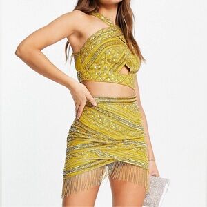 Yellow and Silver Beaded Fringe Skirt Set